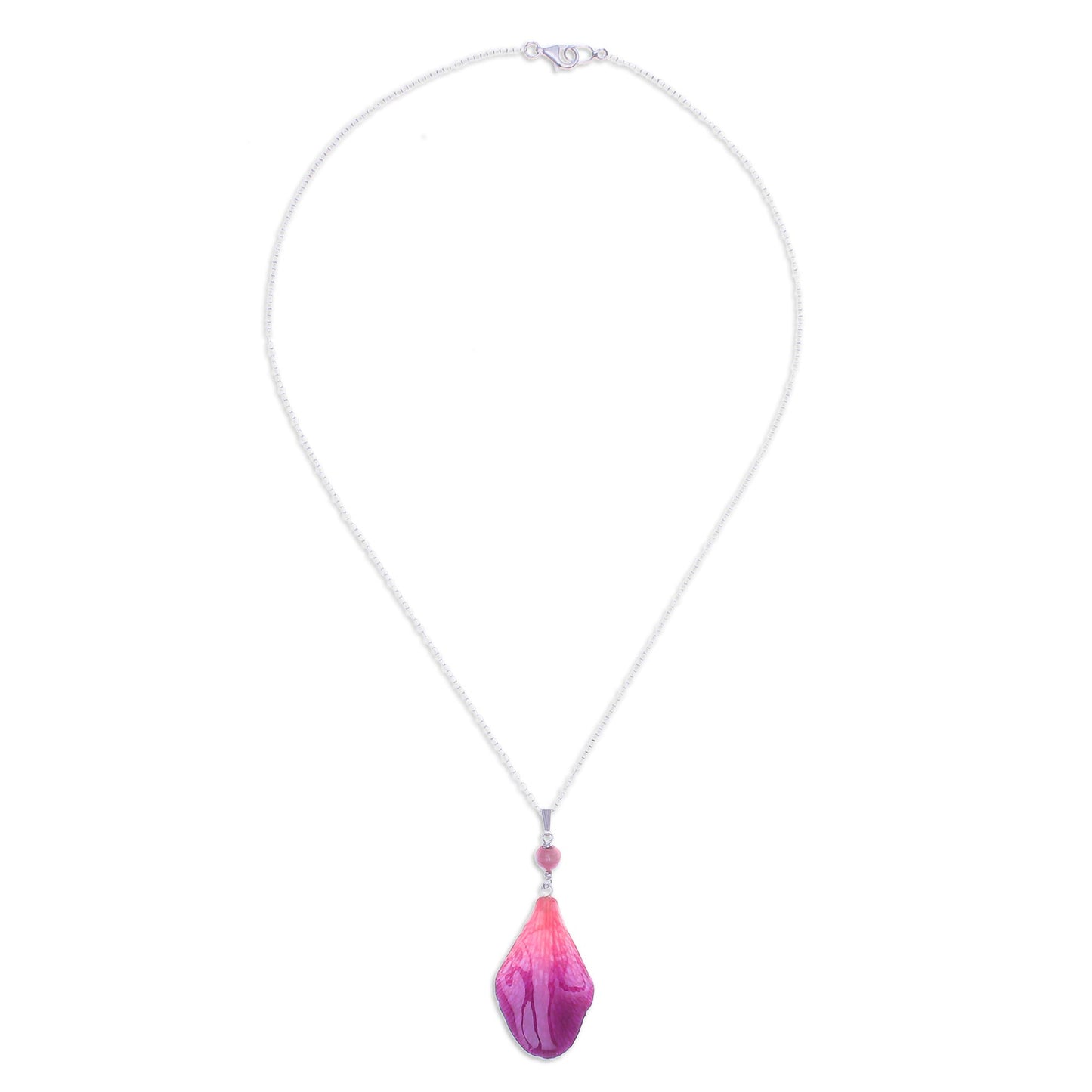 Bloom Basket in Fuchsia Resin-Coated Orchid Petal Pendant Necklace