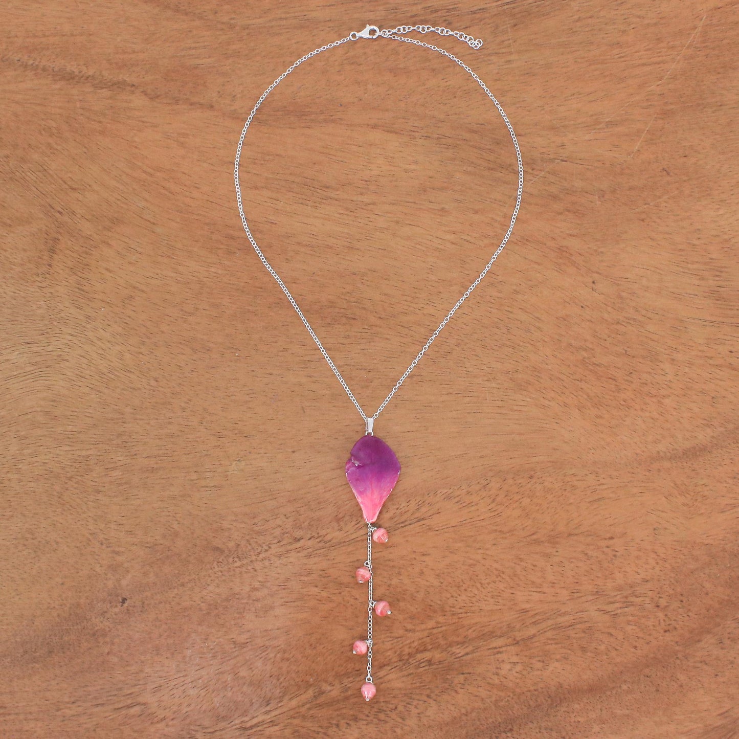 Bloom Balloon in Fuchsia Sterling Silver and Orchid Petal Pendant Necklace