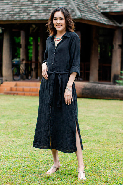 Street Smarts in Black Black Belted Cotton Shirtwaist Dress from Thailand