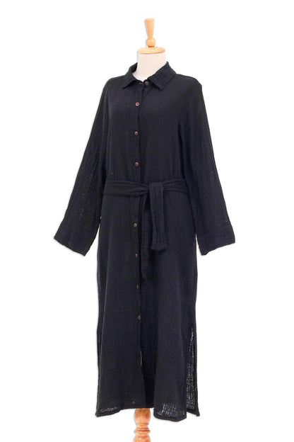 Street Smarts in Black Black Belted Cotton Shirtwaist Dress from Thailand