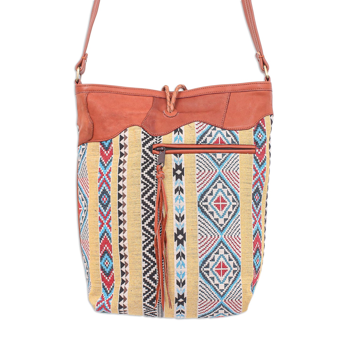 Joyful Journey in Yellow Leather-Accented Cotton Blend Sling Bag