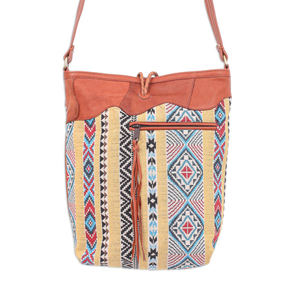 Joyful Journey in Yellow Leather-Accented Cotton Blend Sling Bag