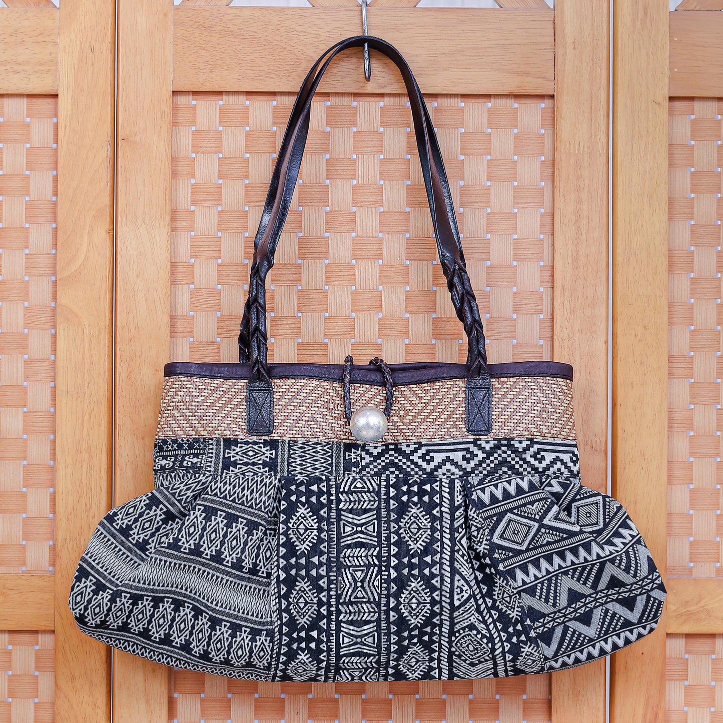 Breathe Easy in Black Black and White Cotton Blend Shoulder Bag