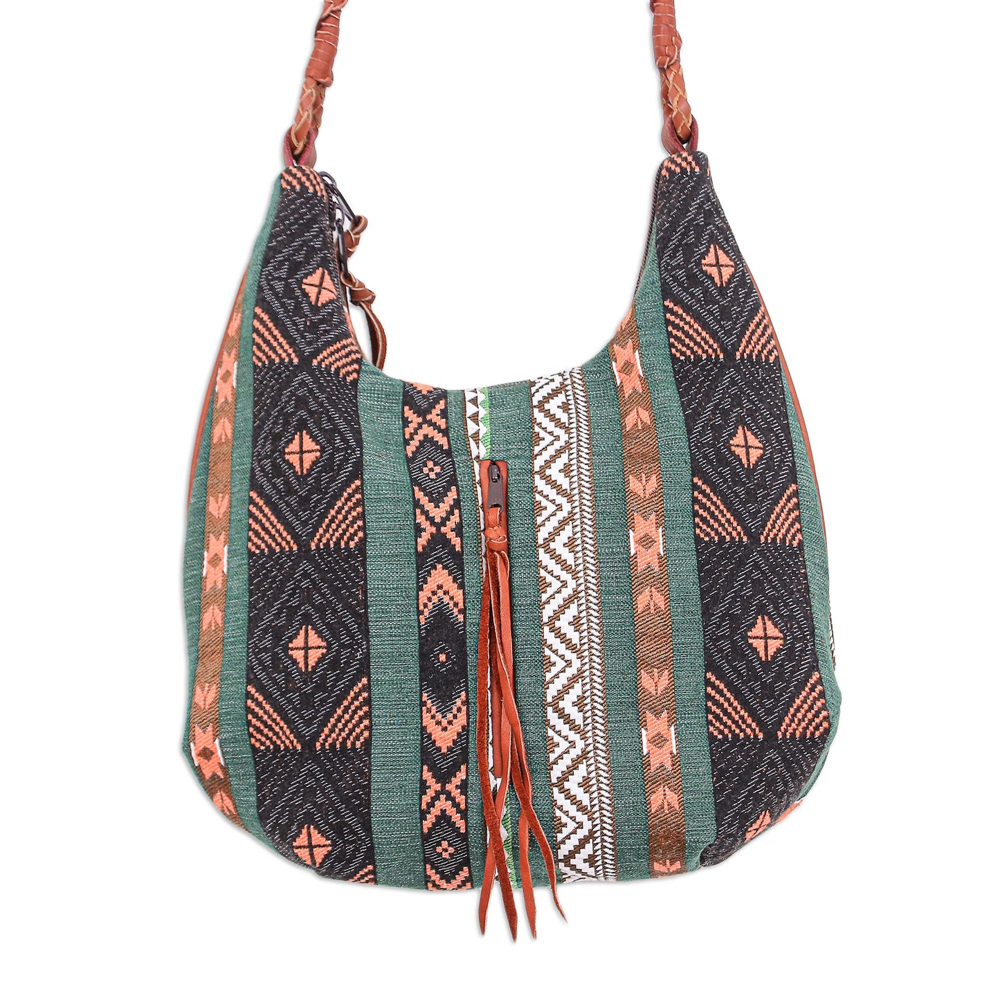 Fabled Land in Green Leather-Accented Sling Bag with Geometric Motif