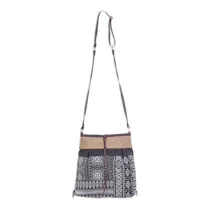 Intermission in Black Thai Black and White Cotton Blend Sling Bag