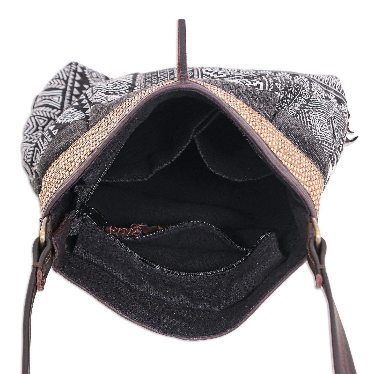 Intermission in Black Thai Black and White Cotton Blend Sling Bag