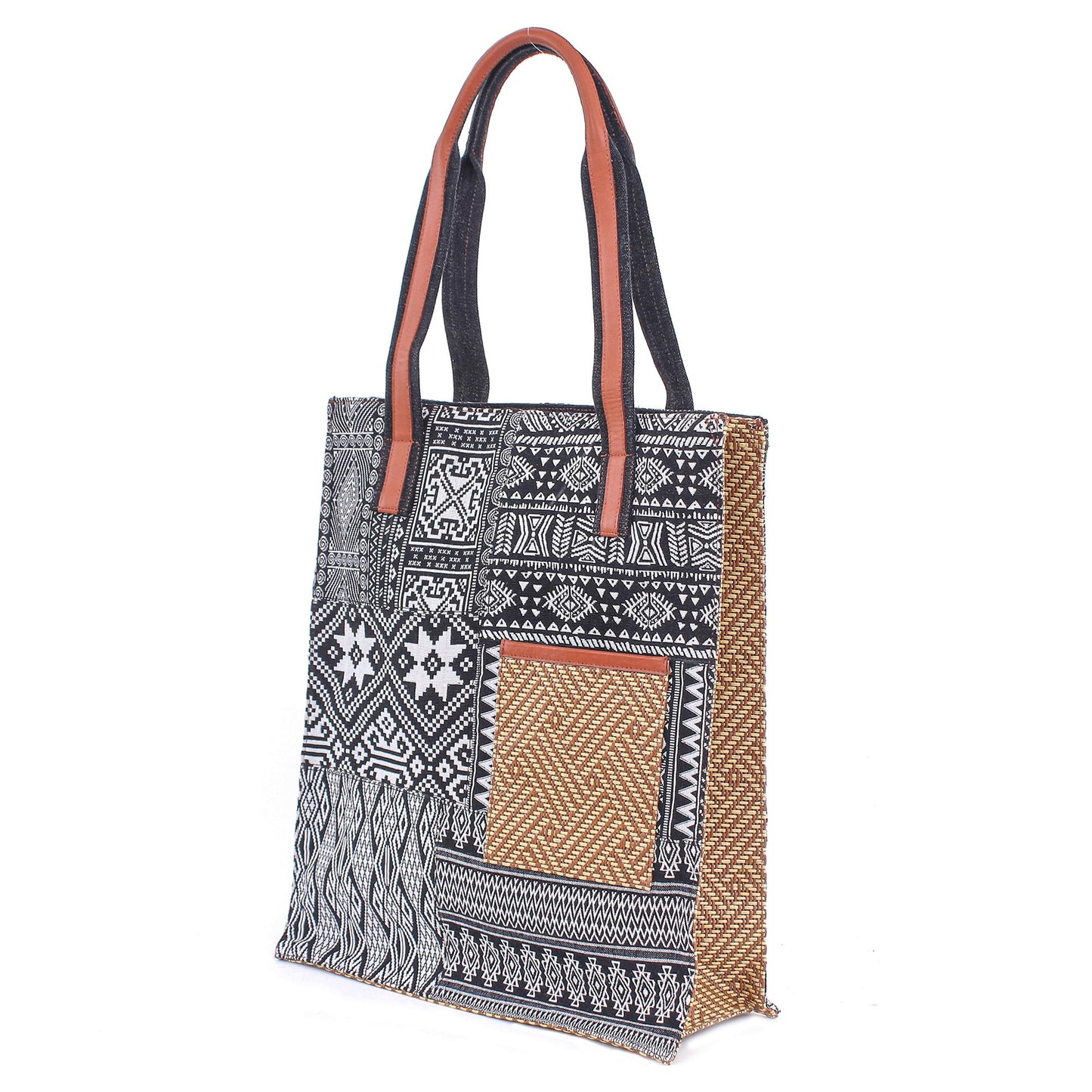 Happy Day in Black Cotton Blend Geometric-Motif Tote Bag