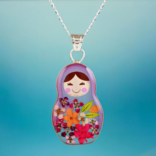 Mexican Matryoshka Matryoshka Style Pendant Necklace with Natural Flowers