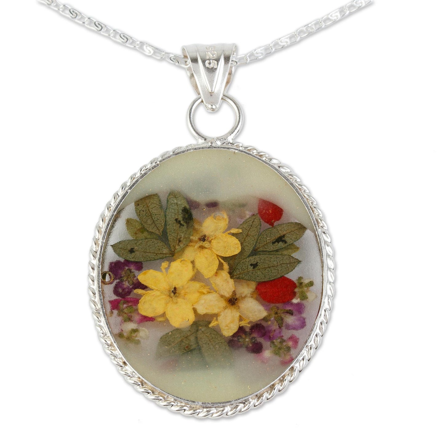 Antique Daffodils Old Fashioned Pendant Necklace with Flowers in Resin