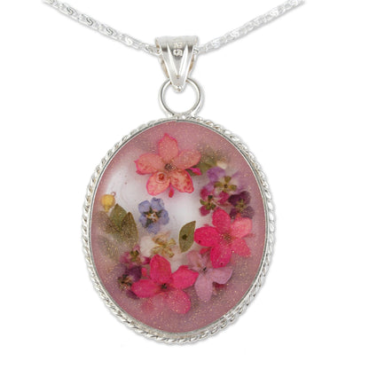 Antique Rose Old Fashioned Pendant Necklace with Pink Flowers in Resin