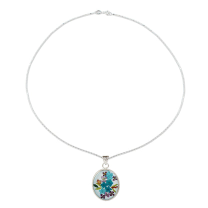 Azure Forever Blue Dried Flower and Resin Silver Necklace from Mexico