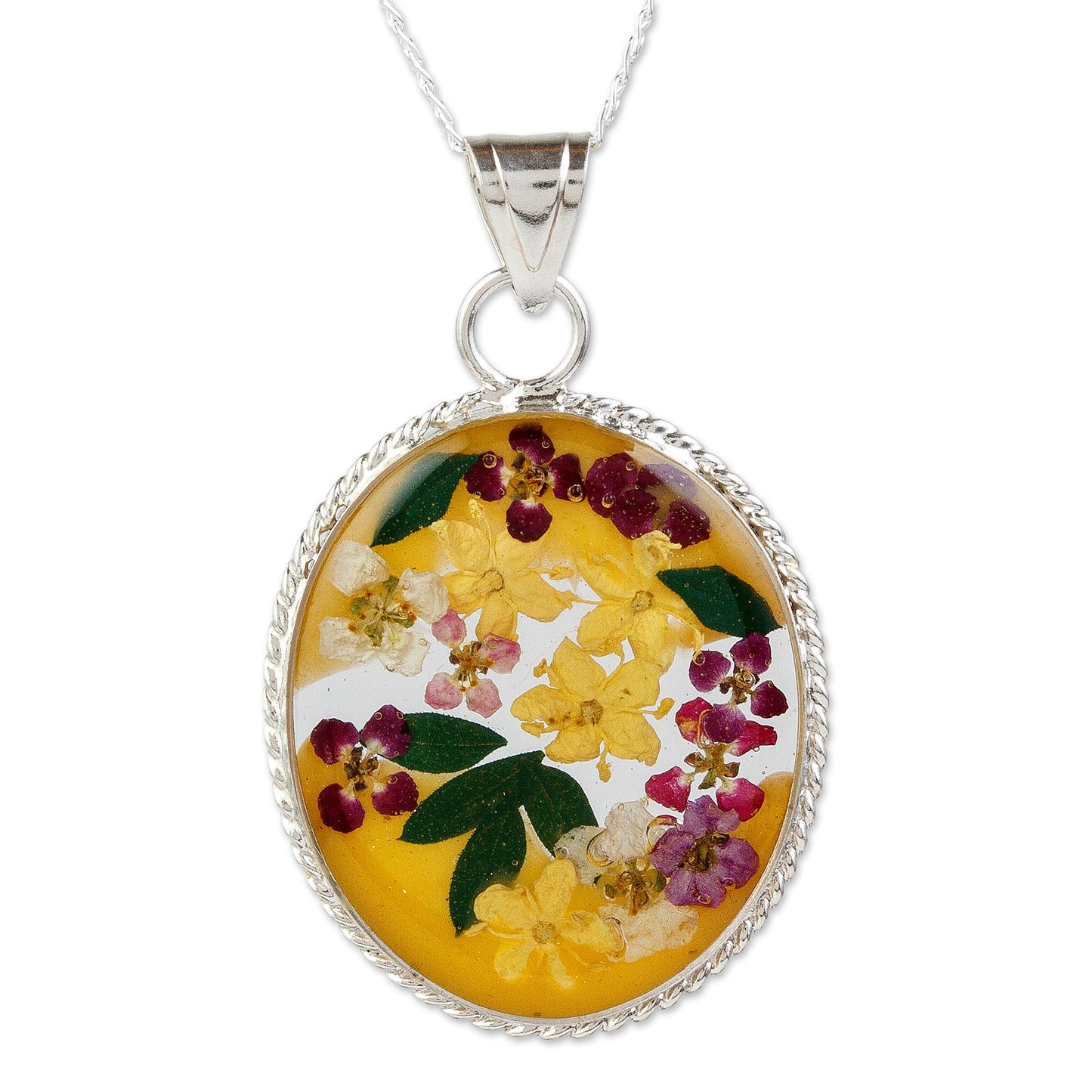 Yellow Forever Sterling Silver Necklace with Yellow Dried Flower Pendant