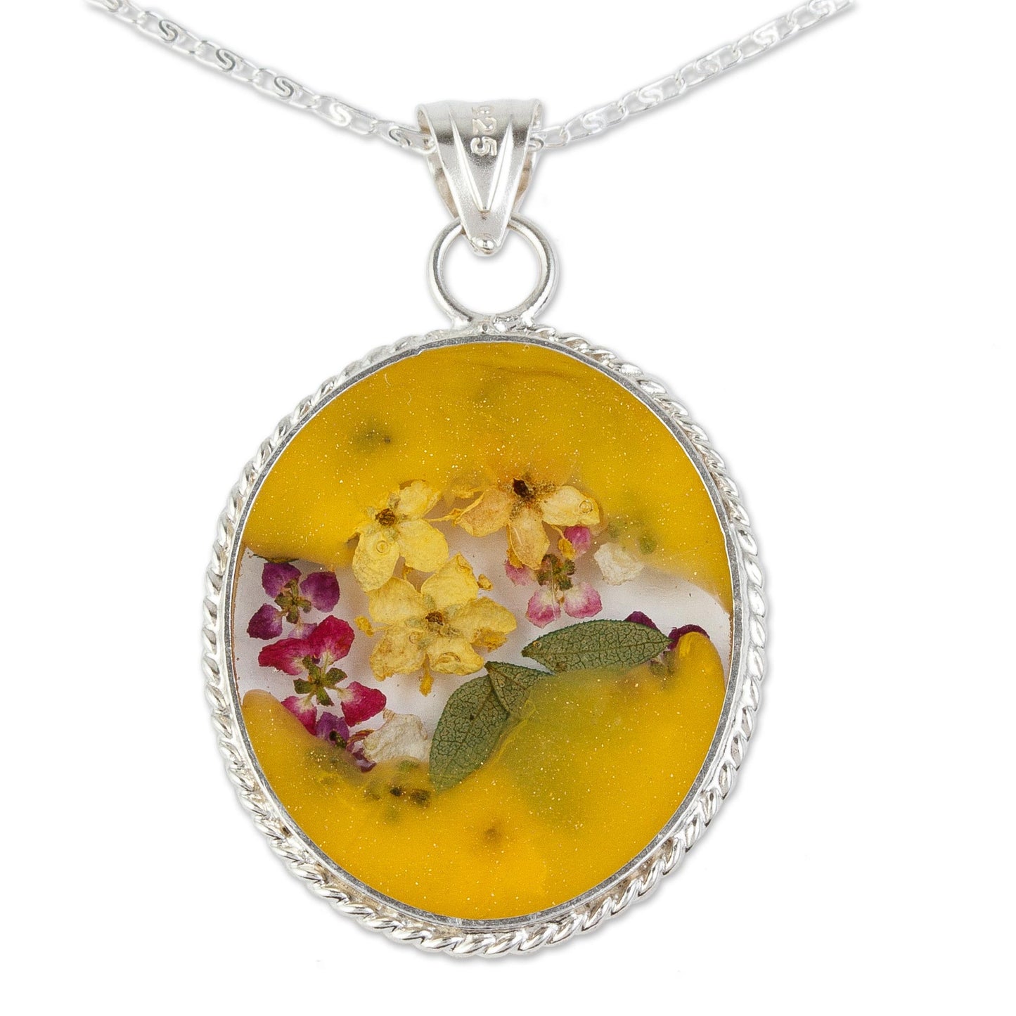 Yellow Forever Sterling Silver Necklace with Yellow Dried Flower Pendant