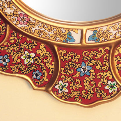 Floral Crimson Unique Red and Gold Reverse Painted Glass Wall Mirror