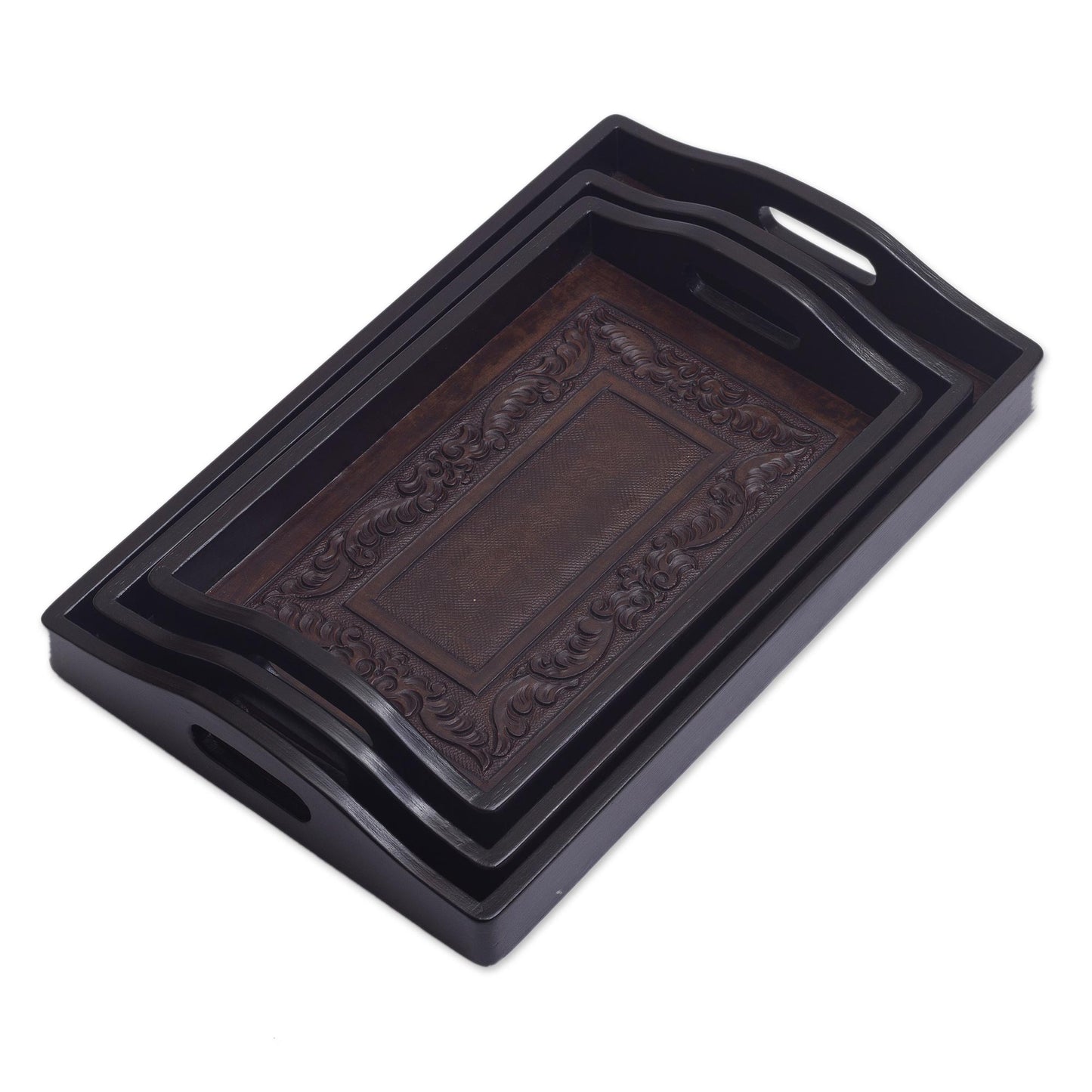 Collector Unique Leather and Wood Serving Trays (Set of 3)