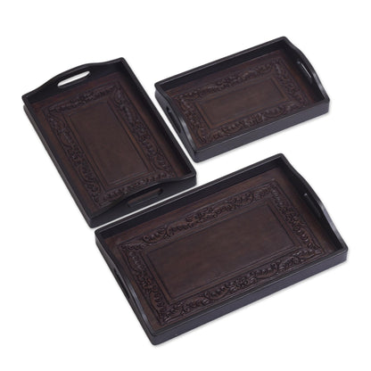 Collector Unique Leather and Wood Serving Trays (Set of 3)