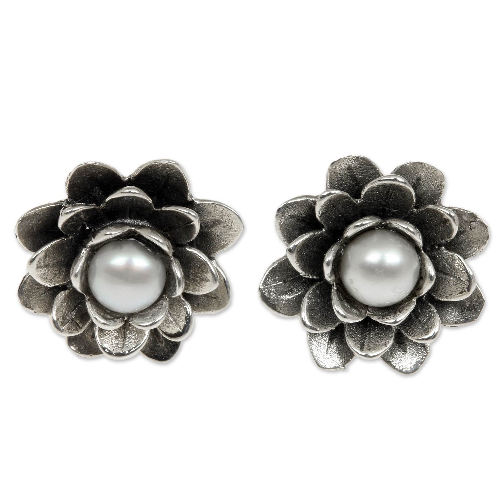 NOVICA - Sterling Silver Pearl & Lotus Flower Stud Earrings