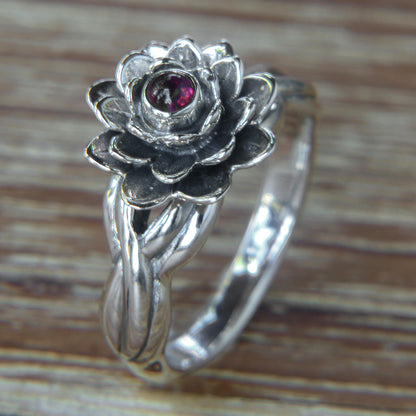 Red-Eyed Lotus Handcrafted Floral Sterling Silver and Garnet Ring