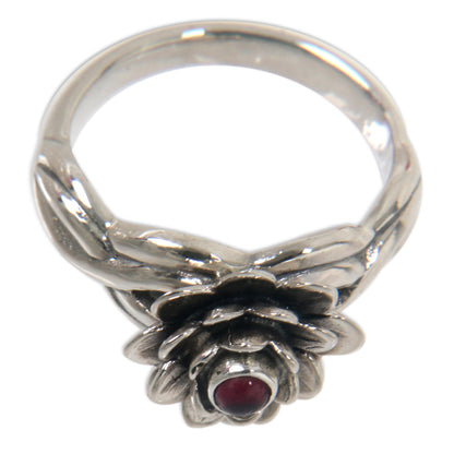 Red-Eyed Lotus Handcrafted Floral Sterling Silver and Garnet Ring