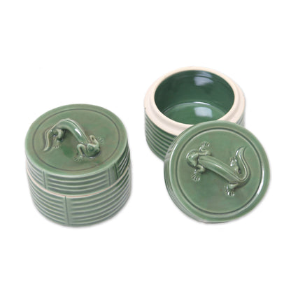 Dancing Geckos Set of 2 Green Gecko Theme Ceramic Condiment Jars from Bali