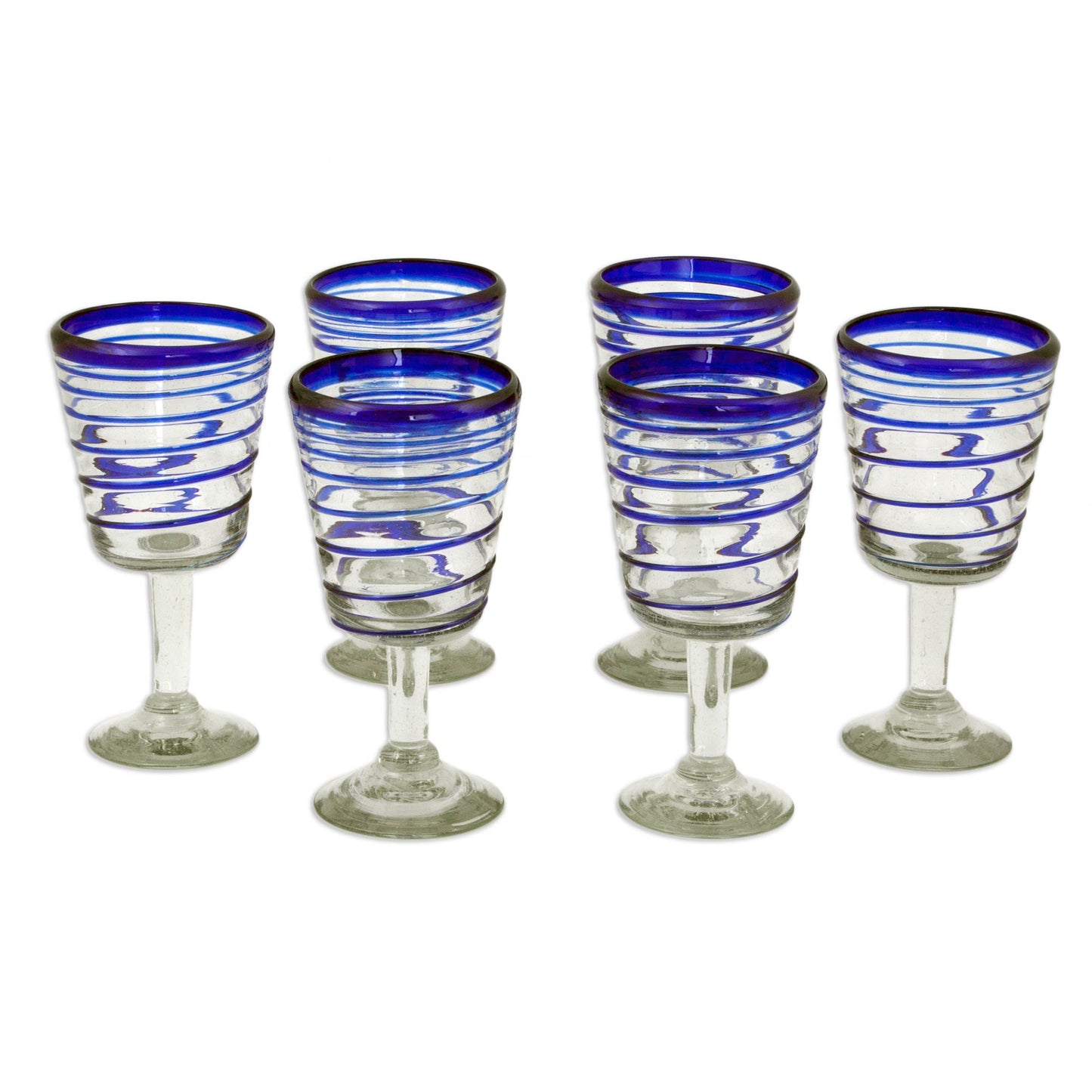 Cobalt Spirals Handblown Recycled Glass Six Striped Blue Wine Glasses