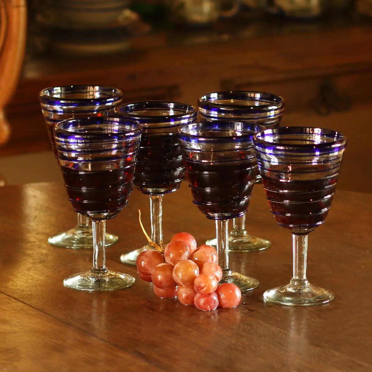 Cobalt Spirals Handblown Recycled Glass Six Striped Blue Wine Glasses