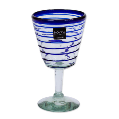 Cobalt Spirals Handblown Recycled Glass Six Striped Blue Wine Glasses