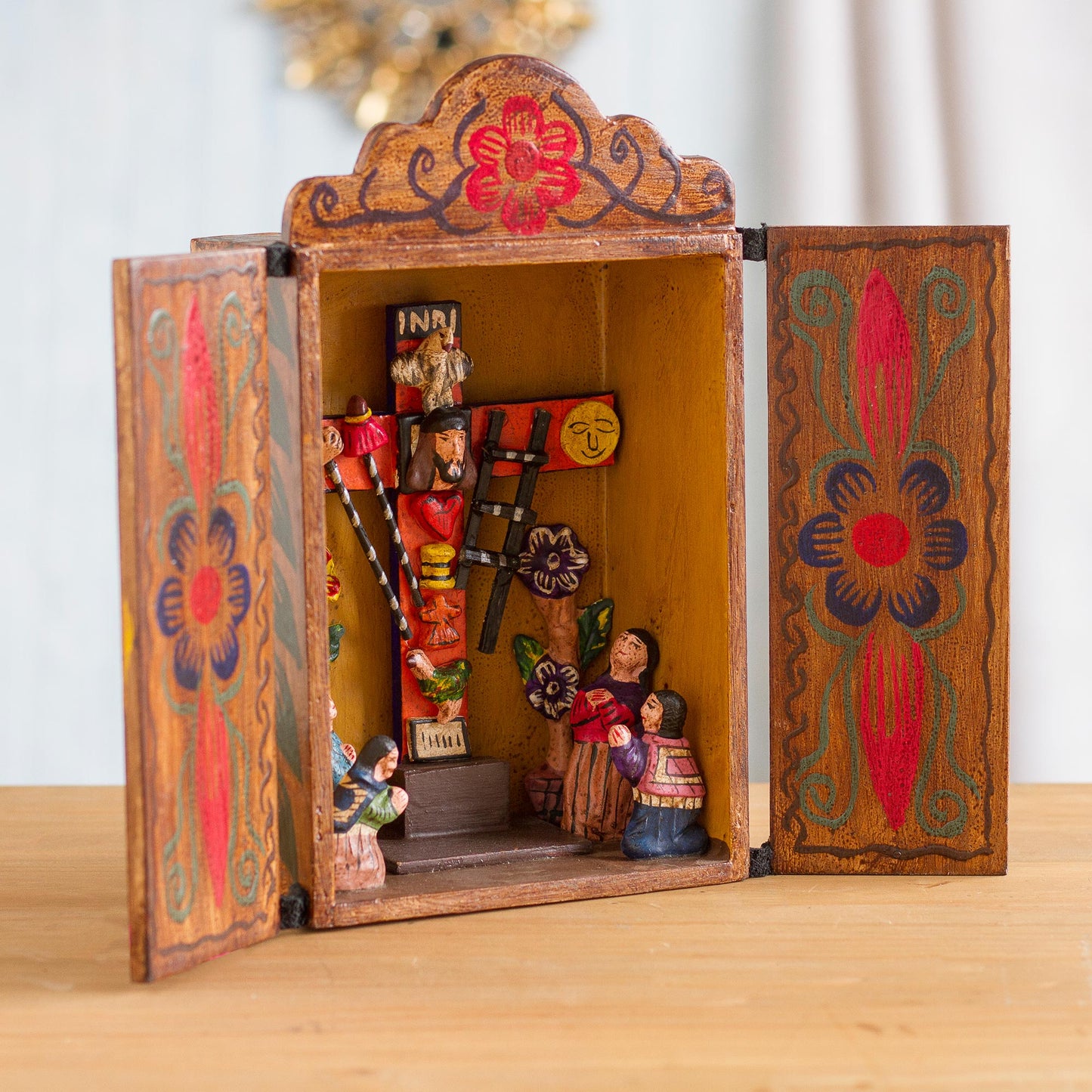 Cross of Lamentation Hand Made Religious Wood Retablo Diorama Andean Folk Art