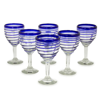 Tall Cobalt Spiral Hand Blown Blue Accent Wine Glasses Set of 6 Mexico
