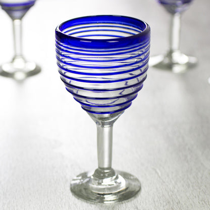 Tall Cobalt Spiral Hand Blown Blue Accent Wine Glasses Set of 6 Mexico