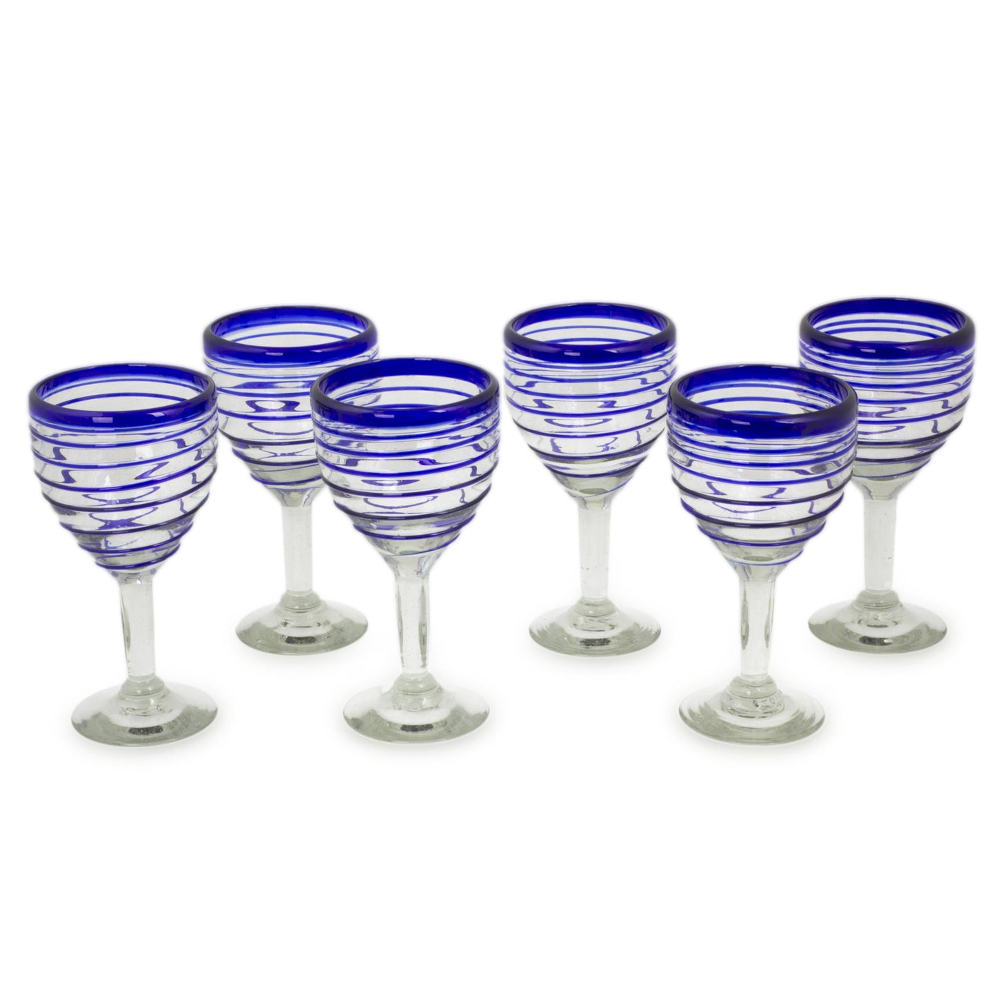 Tall Cobalt Spiral Hand Blown Blue Accent Wine Glasses Set of 6 Mexico