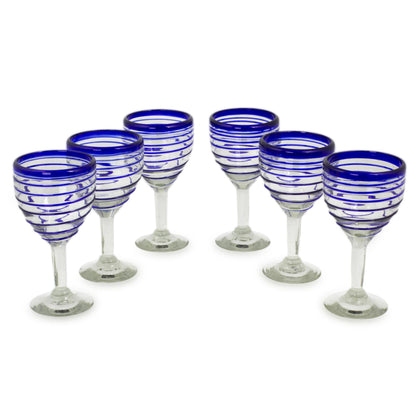 Tall Cobalt Spiral Hand Blown Blue Accent Wine Glasses Set of 6 Mexico