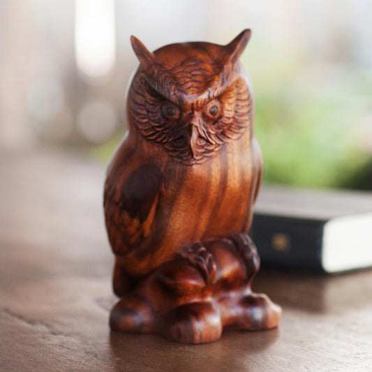 Crested Owl Suar Wood Sculpture