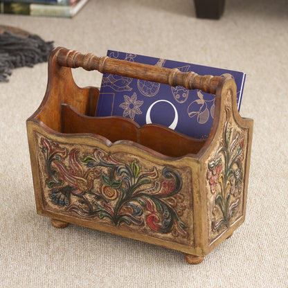 Songbirds Hand Tooled Leather and Mohena Wood Magazine Rack