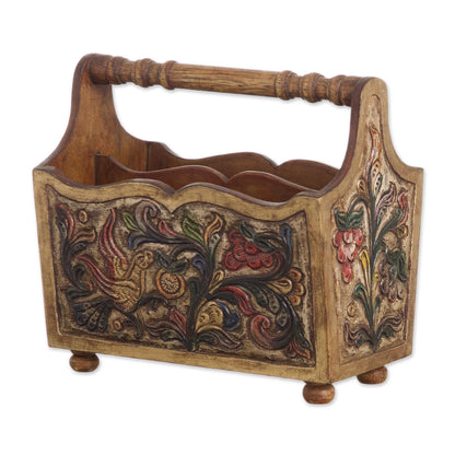 Songbirds Hand Tooled Leather and Mohena Wood Magazine Rack