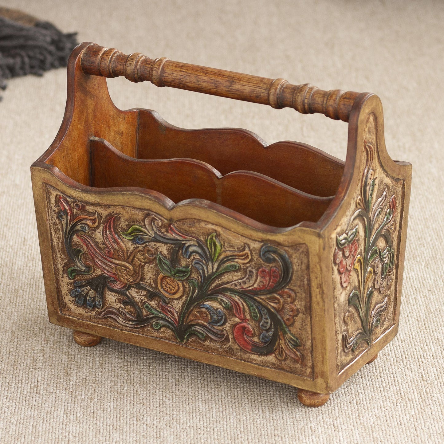 Songbirds Hand Tooled Leather and Mohena Wood Magazine Rack