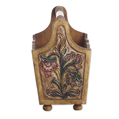 Songbirds Hand Tooled Leather and Mohena Wood Magazine Rack