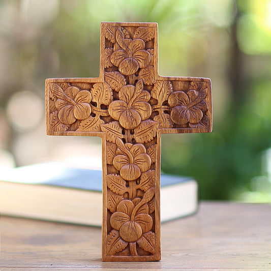 Hibiscus Wood Cross Sculpture with Hand Carved Hibiscus Flowers