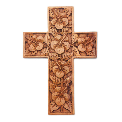 Hibiscus Wood Cross Sculpture with Hand Carved Hibiscus Flowers