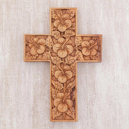 Hibiscus Wood Cross Sculpture with Hand Carved Hibiscus Flowers