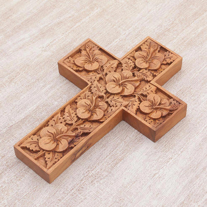 Hibiscus Wood Cross Sculpture with Hand Carved Hibiscus Flowers