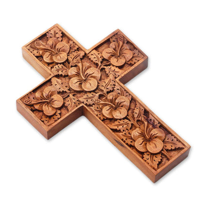 Hibiscus Wood Cross Sculpture with Hand Carved Hibiscus Flowers