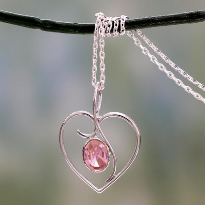 Pink Romance Heart Jewelry Necklace in Sterling Silver and Pink CZ