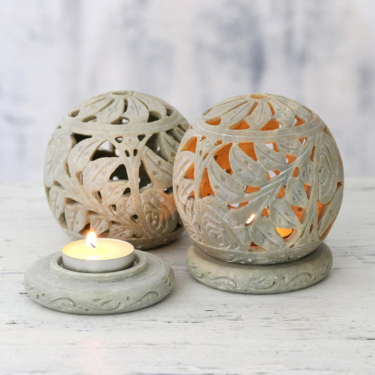 Tea Roses Natural Soapstone Candle Holder Hand Made Jali Pair Set