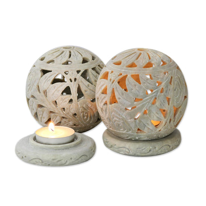 Tea Roses Natural Soapstone Candle Holder Hand Made Jali Pair Set