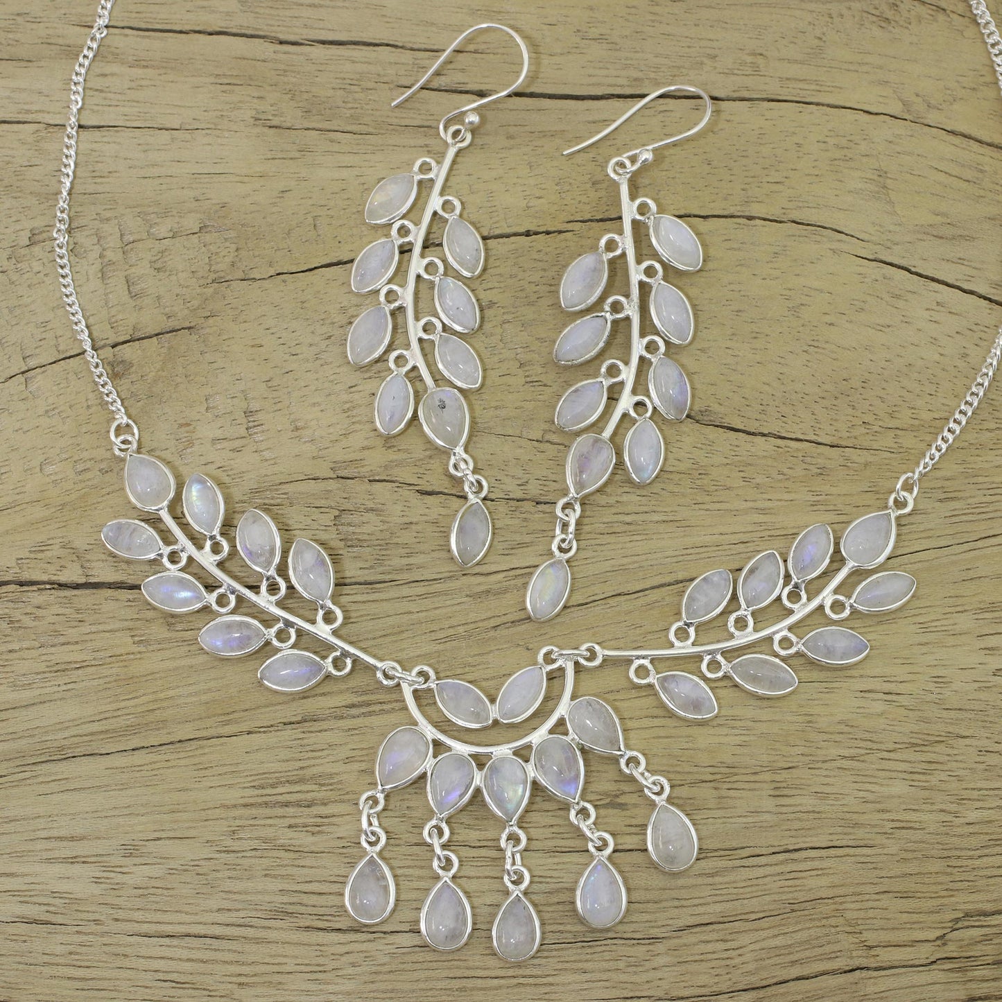 Falling Leaves Rainbow Moonstone and Sterling Silver Jewelry Set