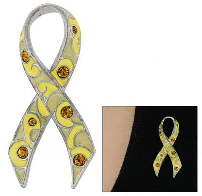 Rhinestone Flourish Yellow Ribbon Pin